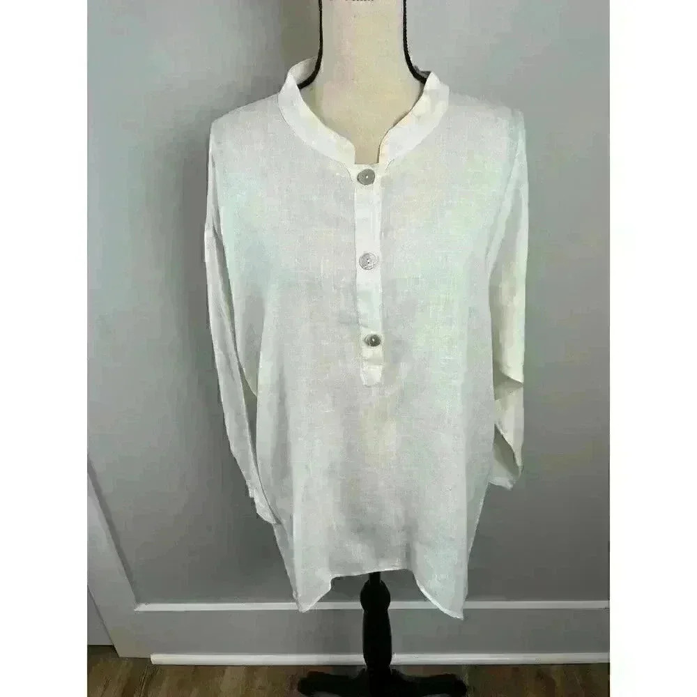 Match Point Linen Tunic Blouse Women's 2XL Minimalist Lagenlook White Buttons